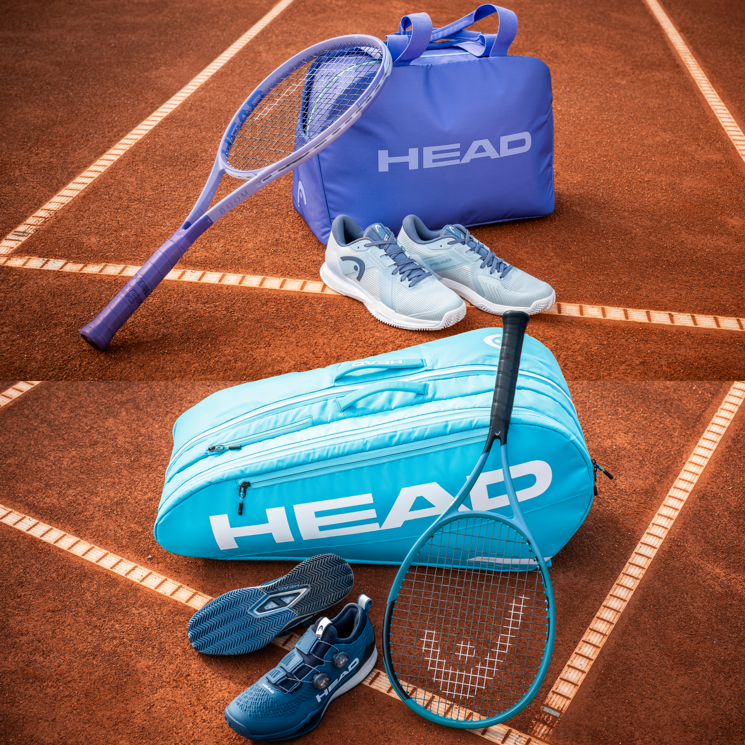 Zwei Doppelpaare stehen am Netz auf einem blauen Hardcourt Tennisplatz und vereinen ihre Head Boom Tennisschläger in der Mitte.